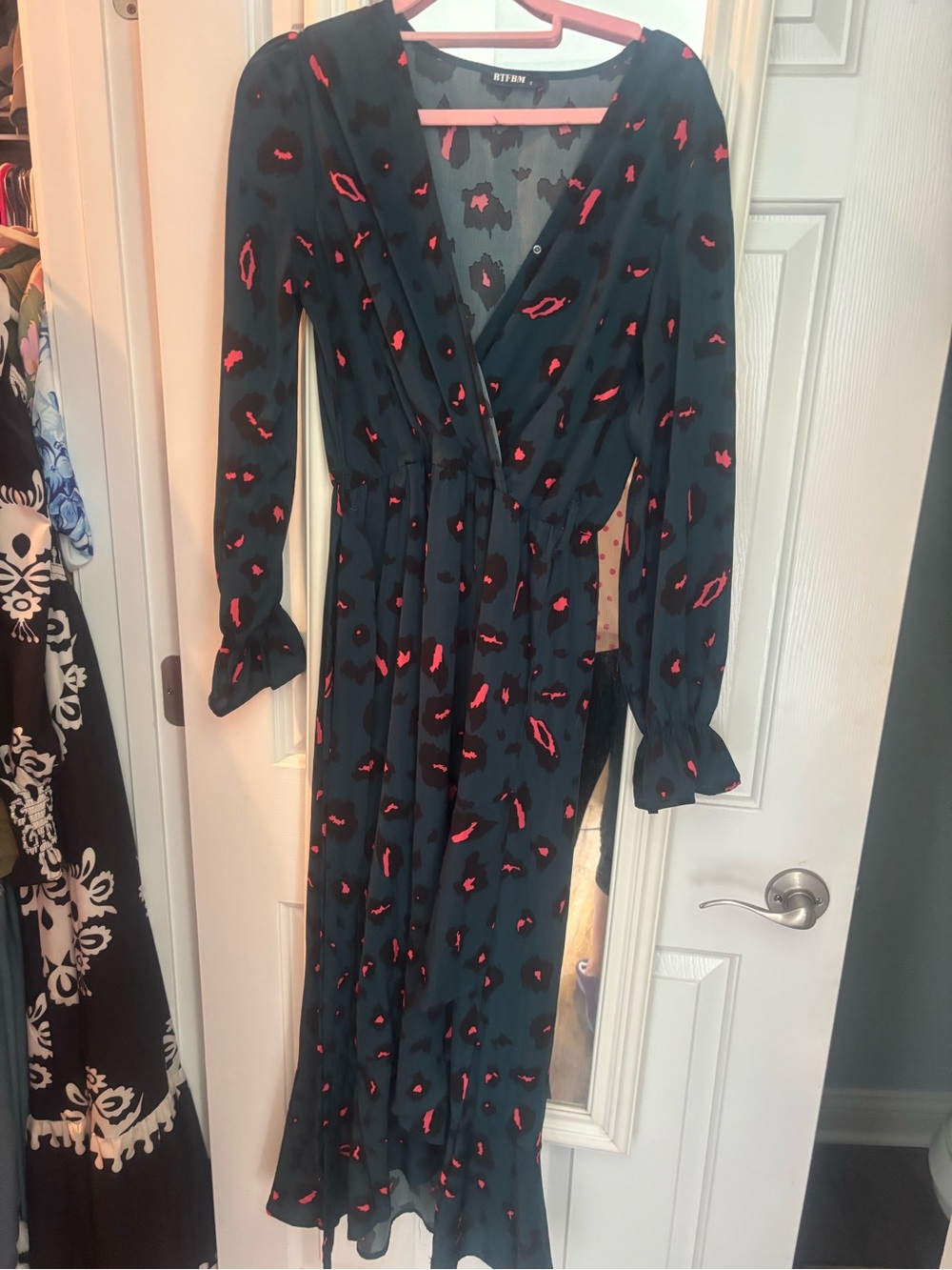 Whistles Teal Long-Sleeve Floral Wrap Maxi Dress with Pink Accents